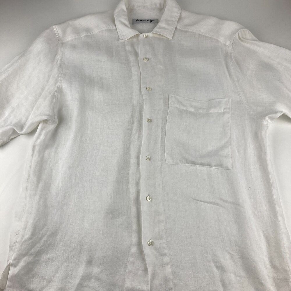 Andrew Fezza Men M White 100% Linen Shirt Short Sleeve Button Up Pocket